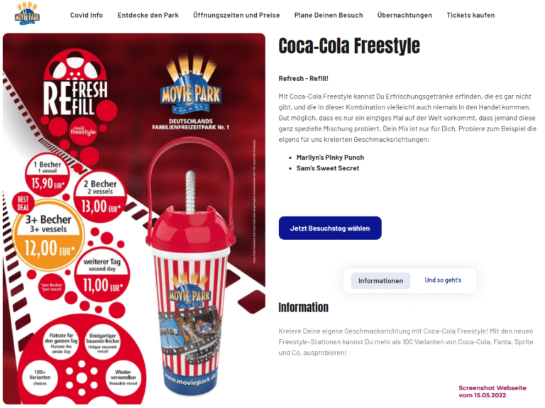 Screenshot movie park webseite coca cola freestyle